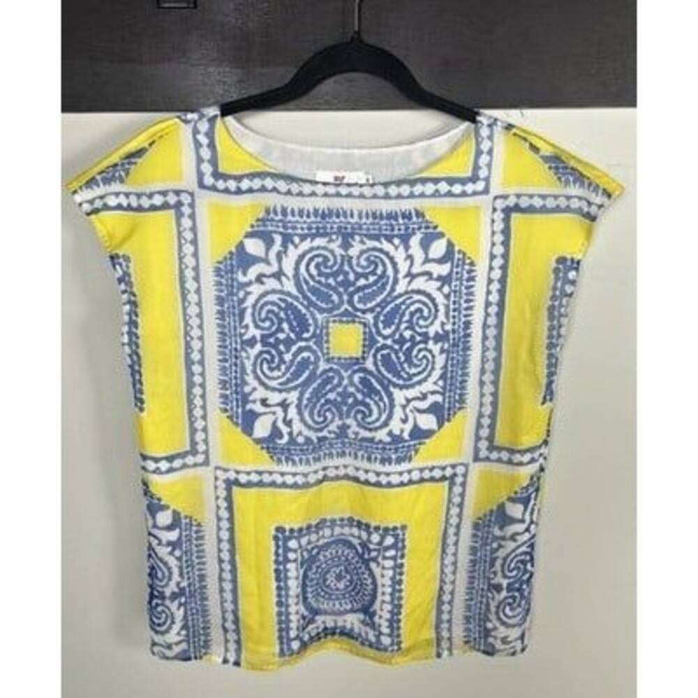 Women's Vineyard Vines Yellow Blue White 100% Silk Blouse Top Sz XSmall